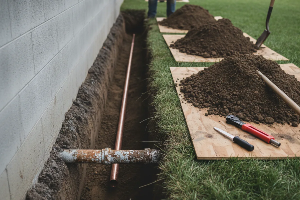 Excavated water line trench during Sewer Line Repair in Darien